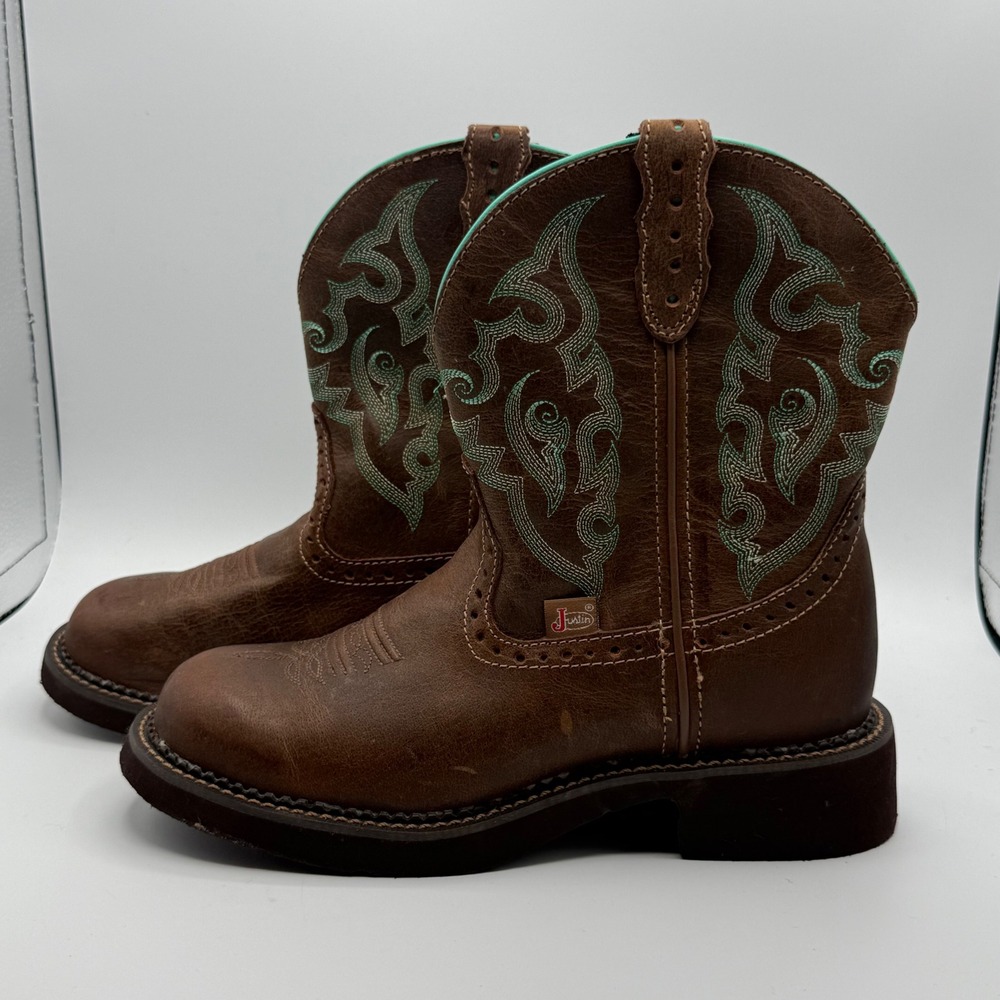 Justin Gypsy Boots Women 7.5 Brown Good Leather Teal Embroidery L9606